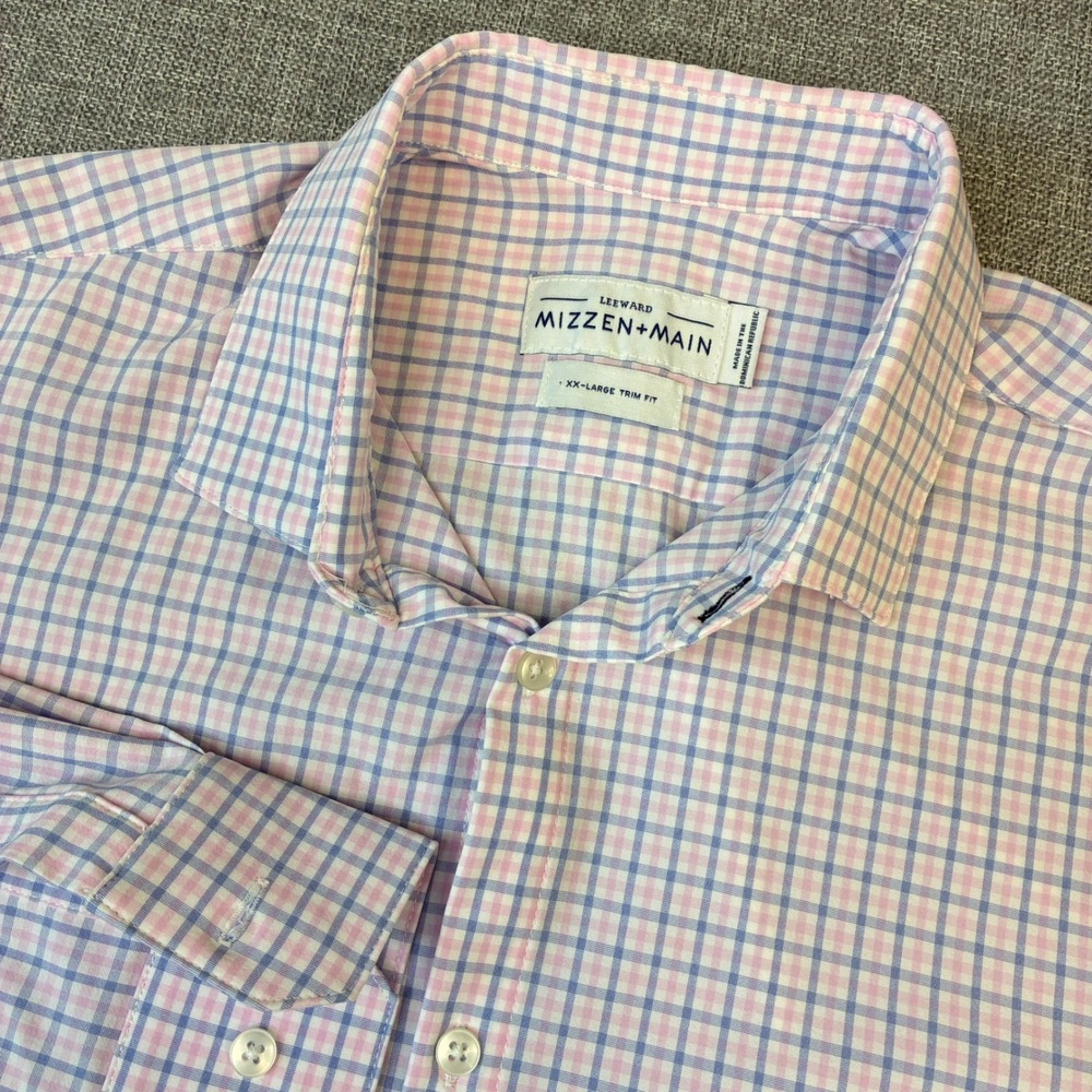 Mizzen+Main Leeward Shirt Mens XXL Pink Blue Check Trim Fit Performance Stretch